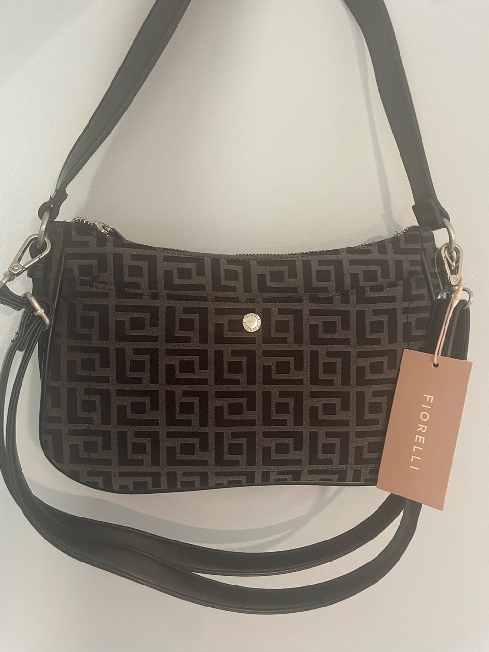 Brown Geometric Velvet Shoulder Bag